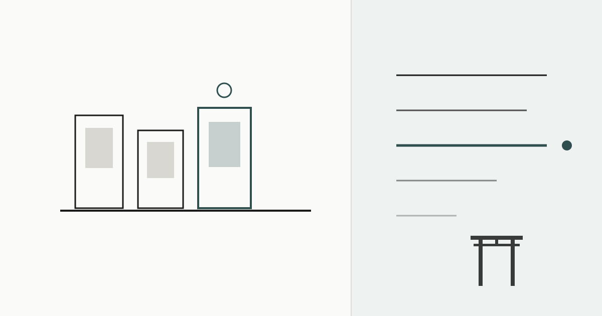 Minimal illustration of collectible figure boxes on a shelf, one highlighted