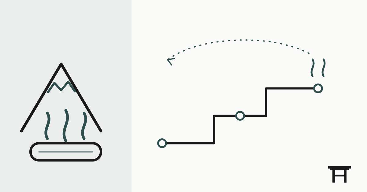 Minimal illustration of a mountain and hot spring bath beside a switchback rail line climbing to three stops