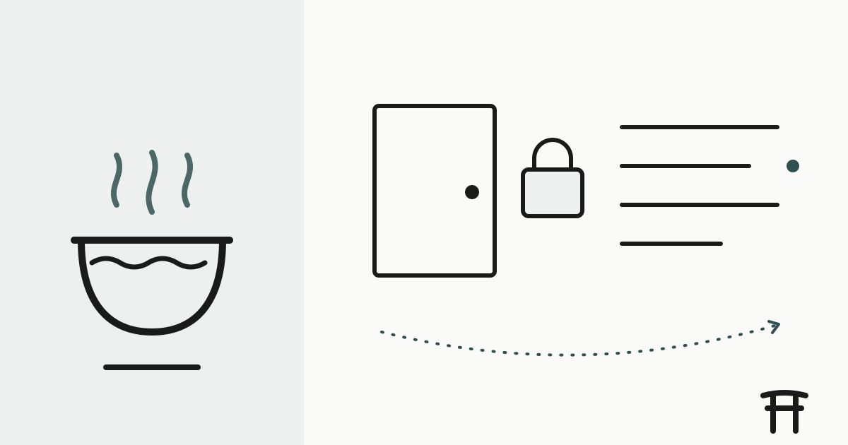 Minimal illustration of a private open-air bath with steam rising, torii in the corner